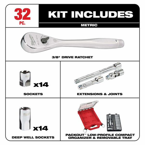 MILWAUKEE 48-22-9482 3/8" 32 Pc. Metric Ratchet and Socket Set in PACKOUT™ Organizer