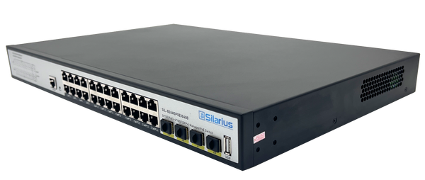 Silarius SIL-B24M3POE1G400 24 Ports 10/100/1000Mbps Gigabit Layer 3 Managed PoE+ switch with 4 Ports 10G SFP+ Uplink, 1 Console, 6KV surge protection, 400W, rack mount installation