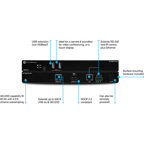 Atlona® AT-OME-EX-RX Omega 4K/UHD HDMI Over HDBaseT Receiver w/USB, Control and PoE