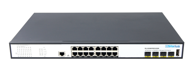 Silarius SIL-B16M3POE1G300 16 Ports 10/100/1000Mbps Gigabit Layer3 Managed PoE+ switch with 4 Ports 10G SFP+ Uplink,1USB, 1 Console, 6KV surge protection,300W,rack mount installation