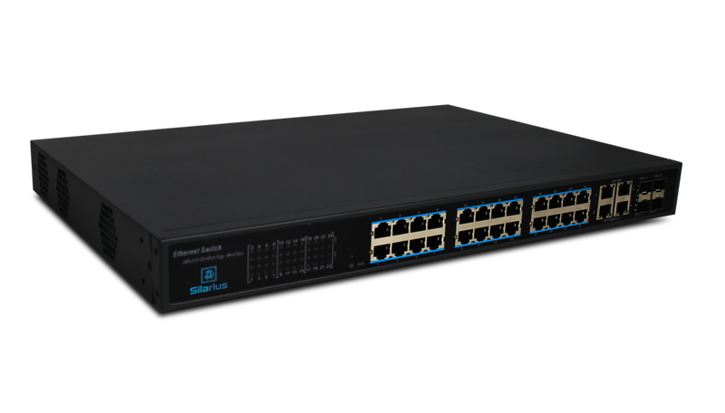 Silarius SIL-SW24POE 28 Ports POE switch with 24/100MB Ports PoE+, 4 Gigabit Uplinks, and 4 SFP Slots Uplink - 370W POE