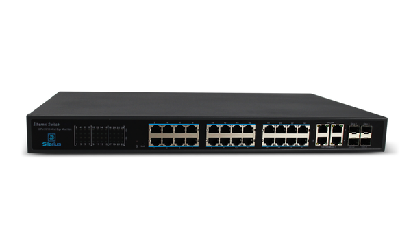 Silarius SIL-SW24POE 28 Ports POE switch with 24/100MB Ports PoE+, 4 Gigabit Uplinks, and 4 SFP Slots Uplink - 370W POE