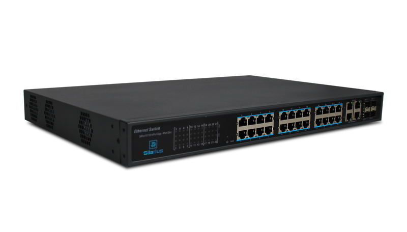 Silarius SIL-SW24POE 28 Ports POE switch with 24/100MB Ports PoE+, 4 Gigabit Uplinks, and 4 SFP Slots Uplink - 370W POE