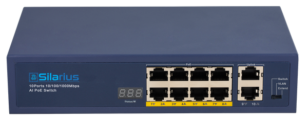 Silarius SIL-A8POE1G96 10 Ports POE+ switch with 8 Gigabit Ports PoE+, 2 Gigabit Uplinks, VLAN config and POE indicator - 96W POE+