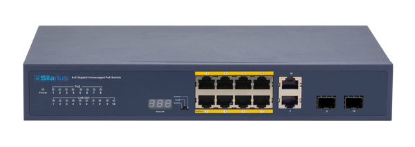 Silarius SIL-A8POE1G120 12 Ports POE+ switch with 8 Gigabit Ports PoE+, 2 Gigabit Uplinks, 2 SFP Slots Uplink, and POE indicator - 120W POE+