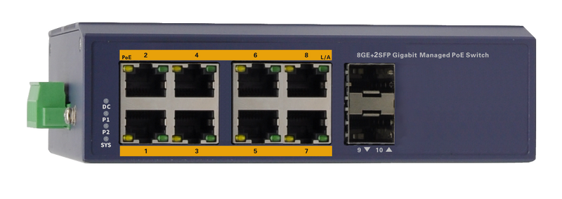 Silarius SIL-INDSW8P1G2SFP 10 Ports Gigabit managed industrial PoE switch - 8 Gigabit RJ45 ports and 2 Gigabit SFP slots