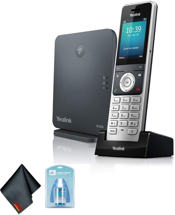 Yealink W60P Wireless DECT IP Cordless Office Phone and Base Station with 6AVE Universal Screen Cleaner